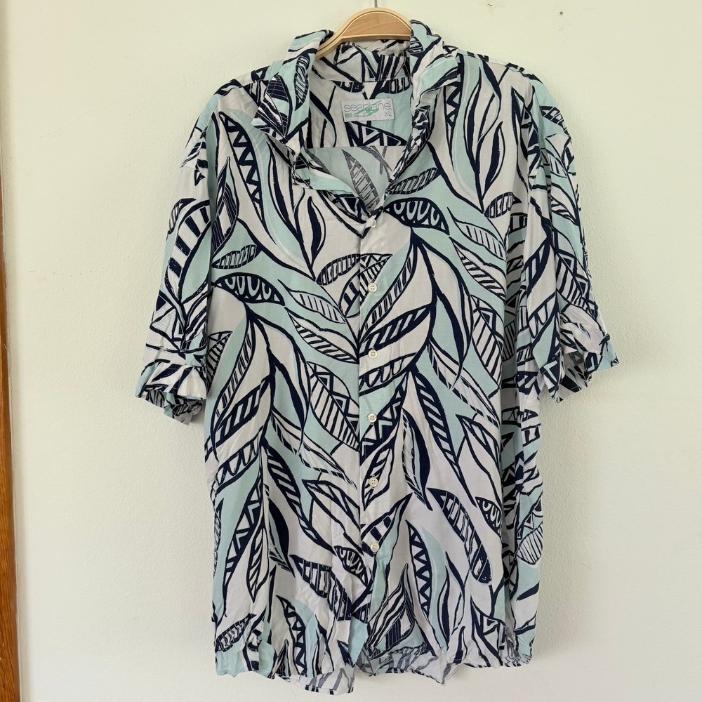 Seaplane Mens XL Short Sleeve Cotton Button Down Shirt Abstract Leaf Print USA